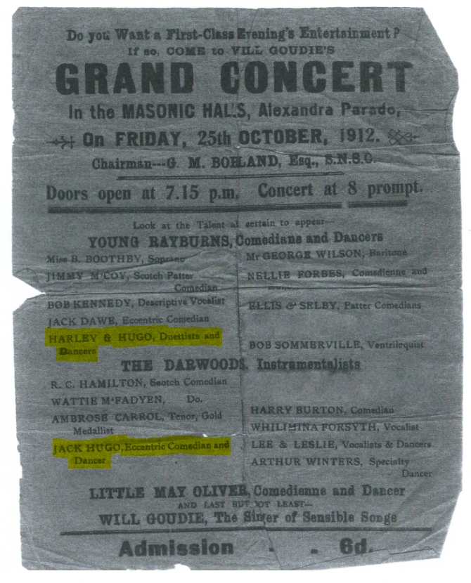 A 1912 handbill for a Grand Concert at the Masonic Halls, Alexandra Parade, Glasgow