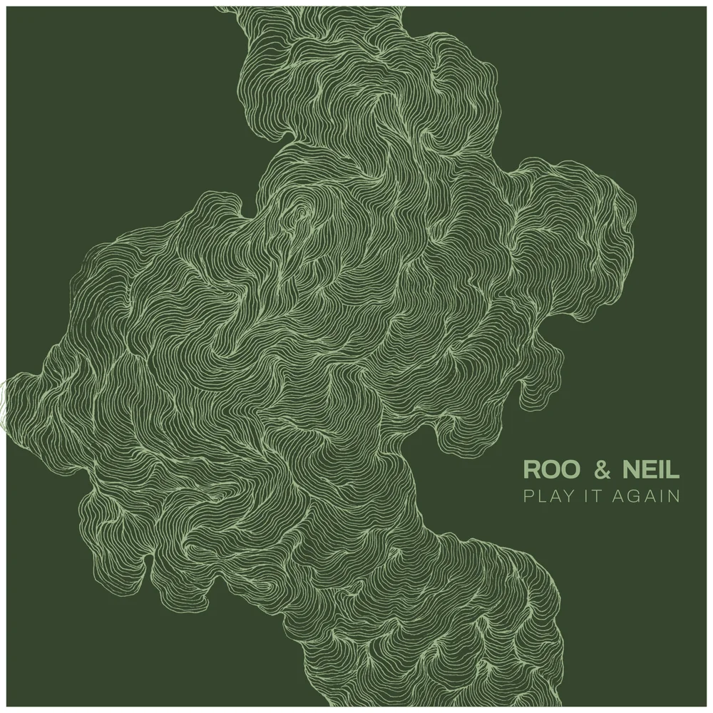 Play It Again album cover: a contour-line illustration in sage green on dark green